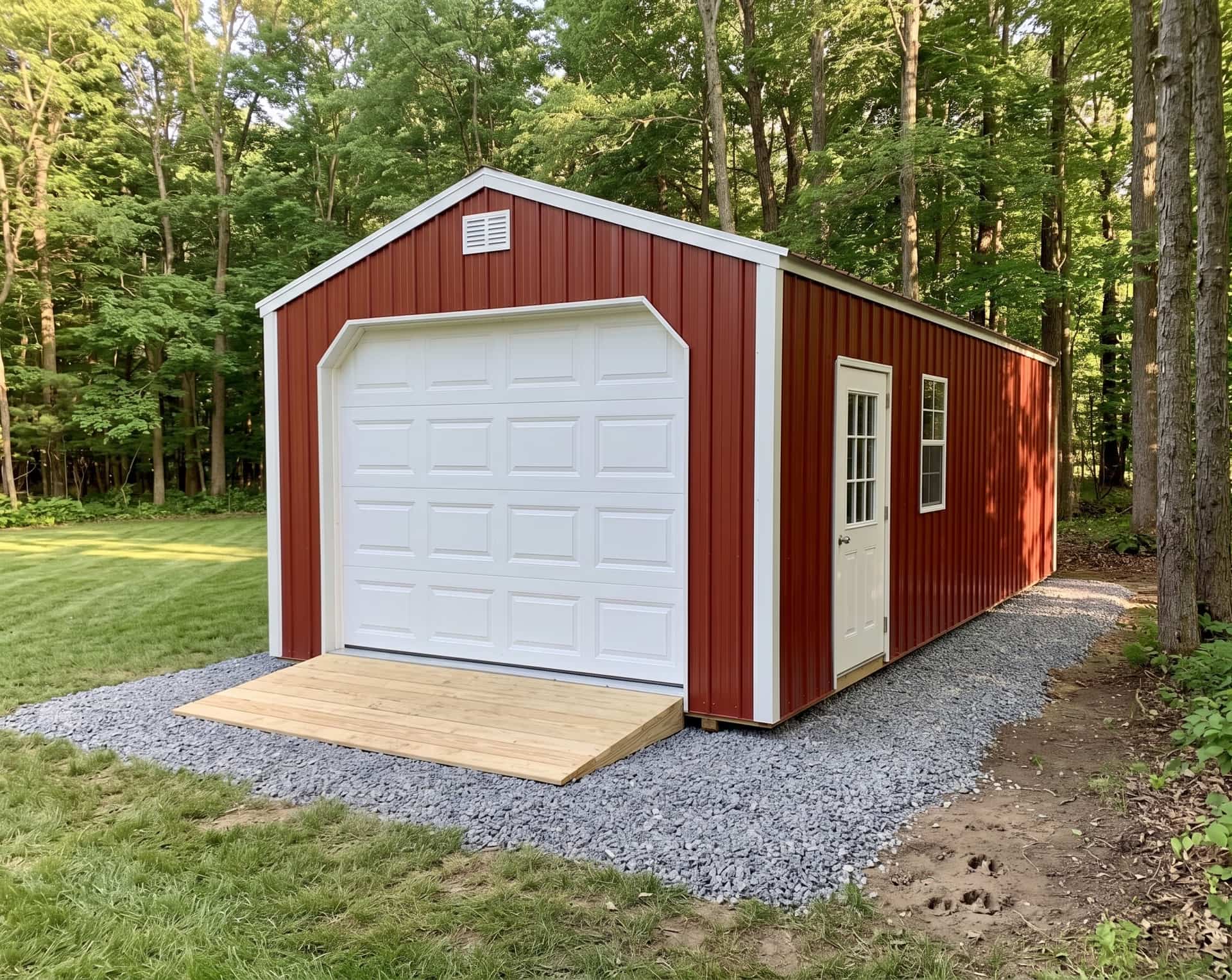 Amish-built red metal garage with overhead door on a Michigan property